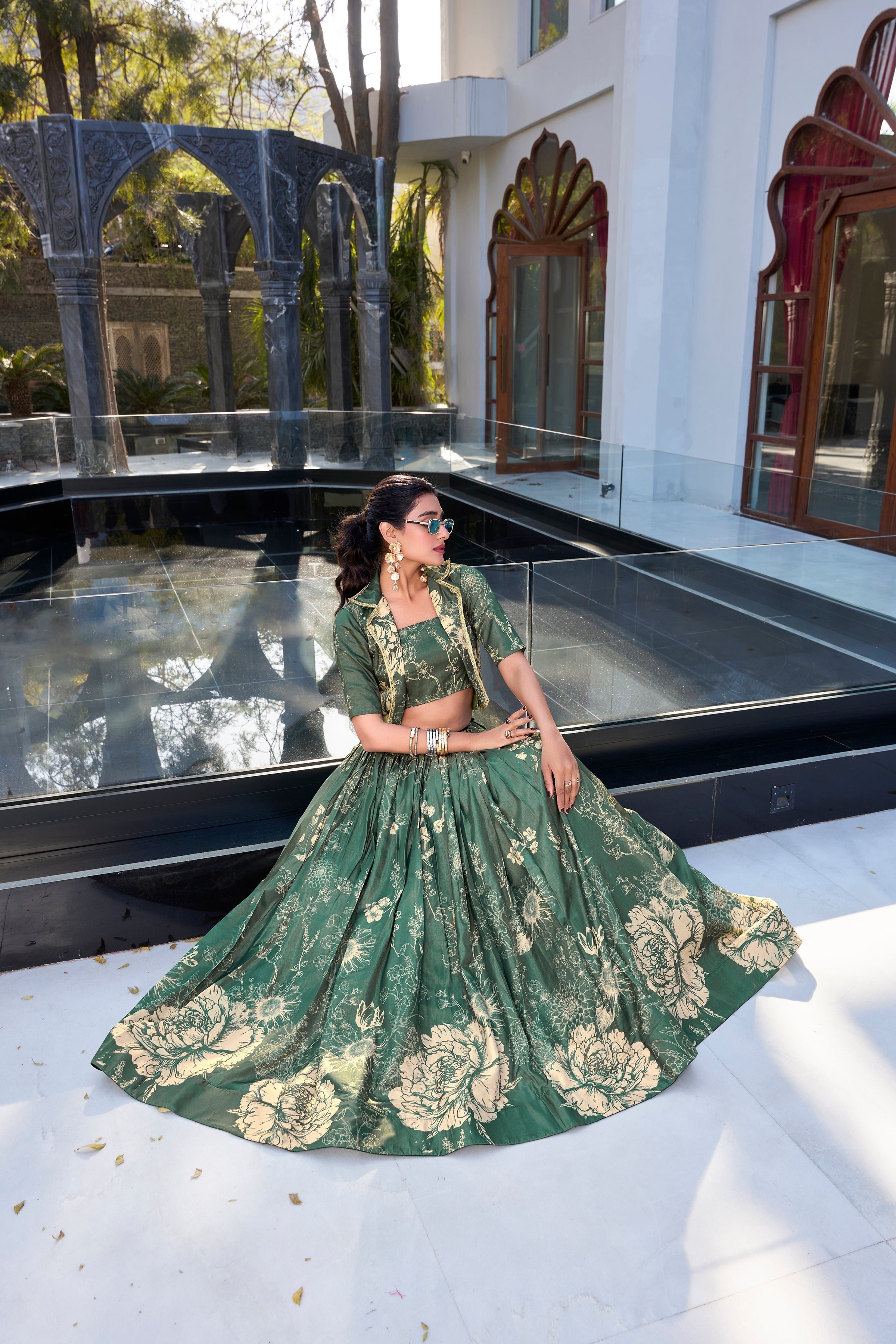 Bottle Green Floral Print Tussar Silk Co-ord Set Lehenga Choli