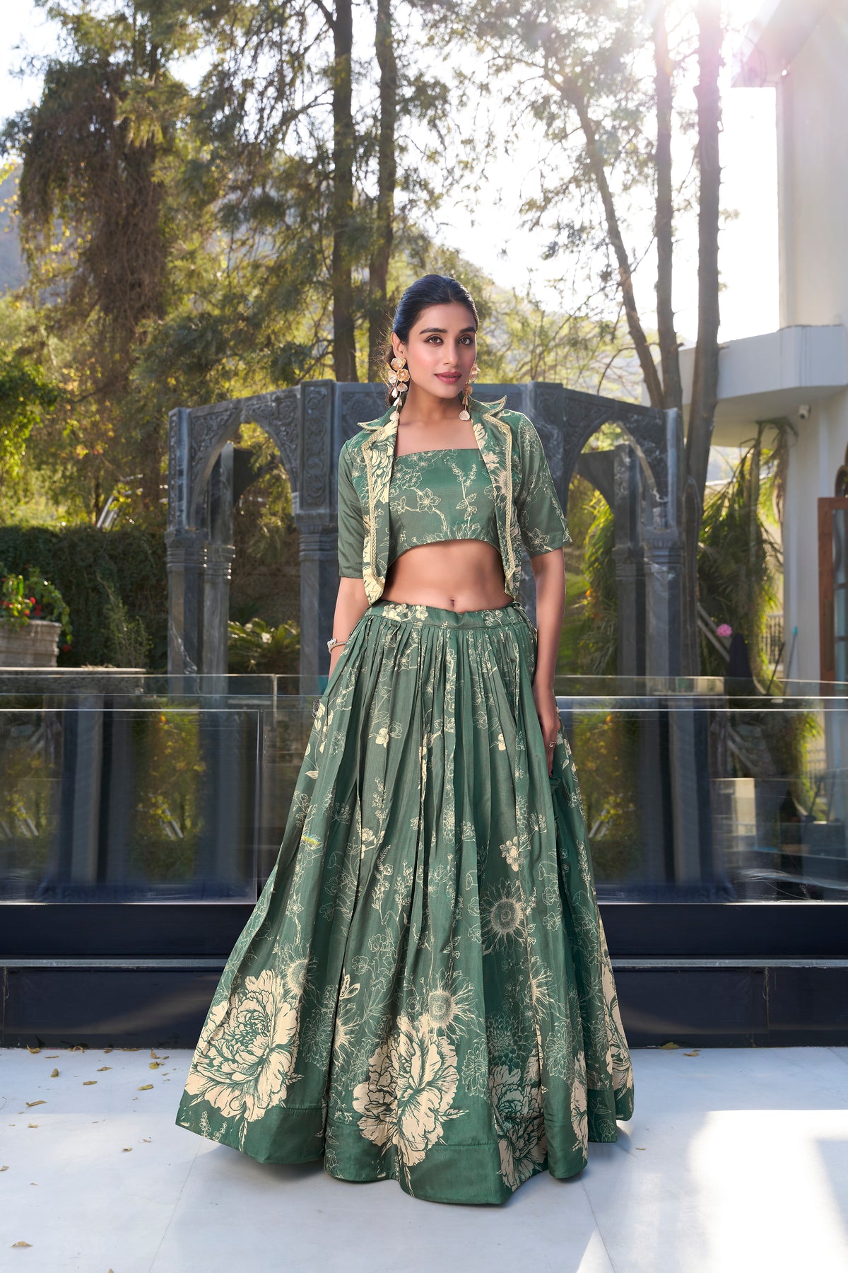 Bottle Green Floral Print Tussar Silk Co-ord Set Lehenga Choli