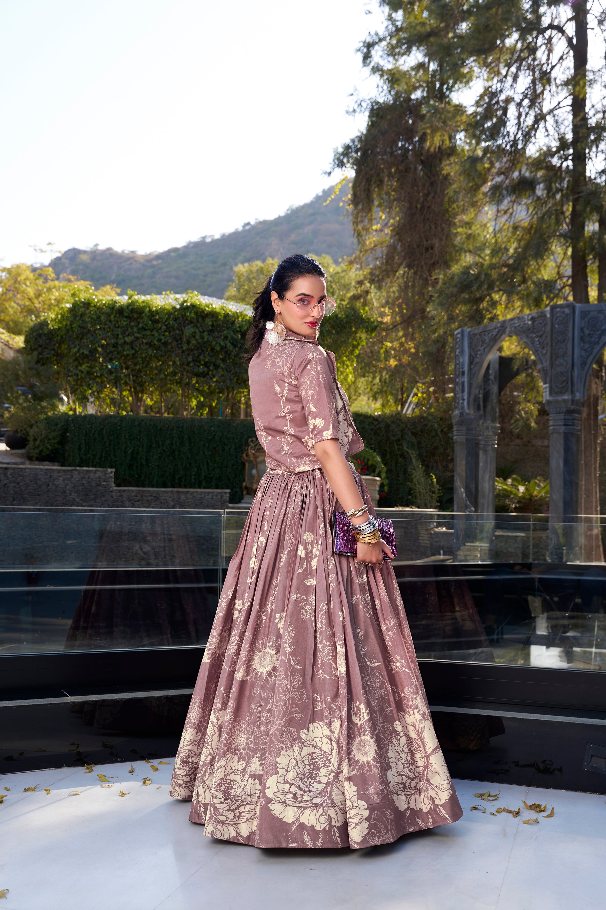 ELEGANT MAUVE FLORAL PRINTED SILK DESIGNER CROP TOP LEHENGA WITH JACKET