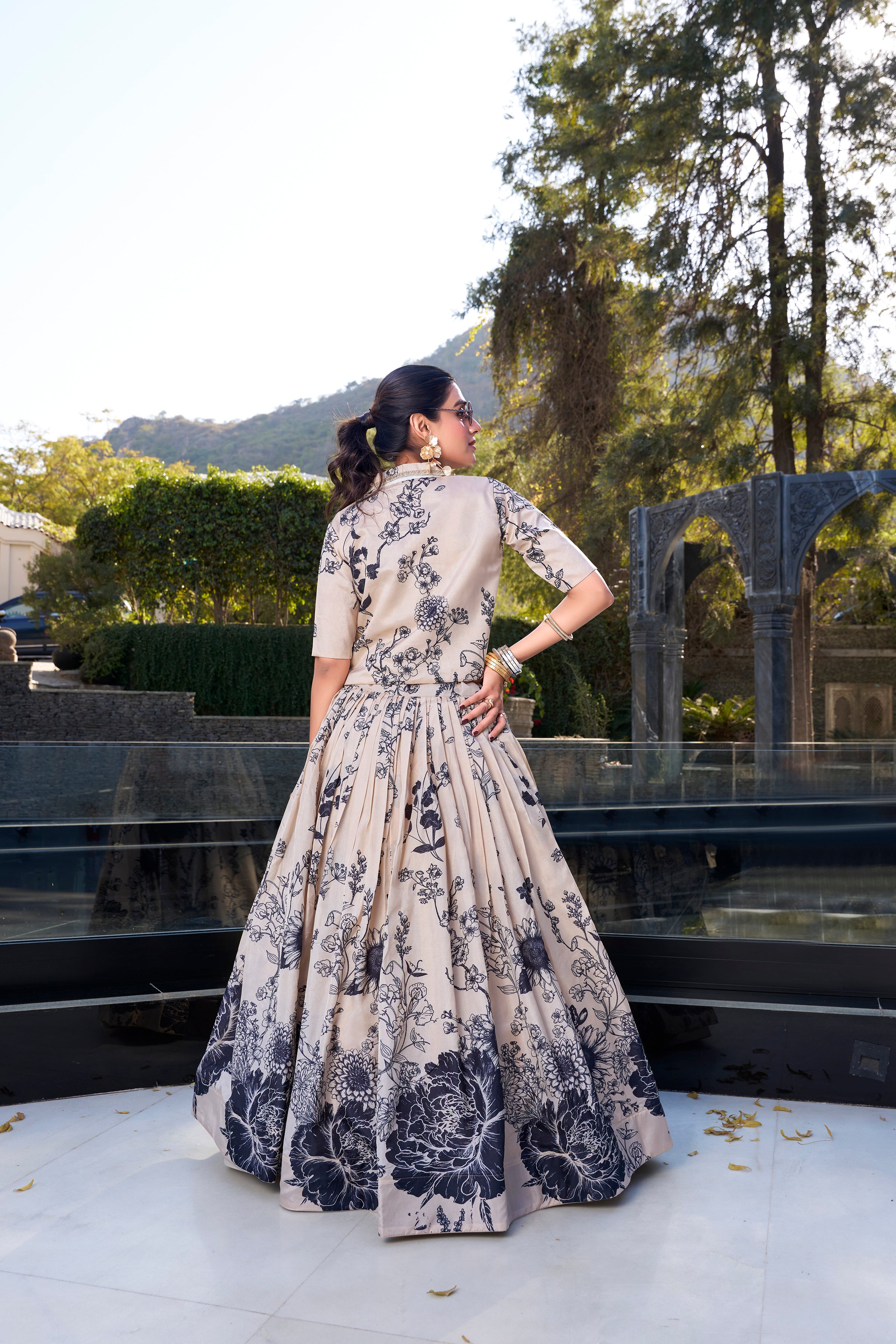 Cream Floral Print Tussar Silk Co-ord Set Lehenga Choli
