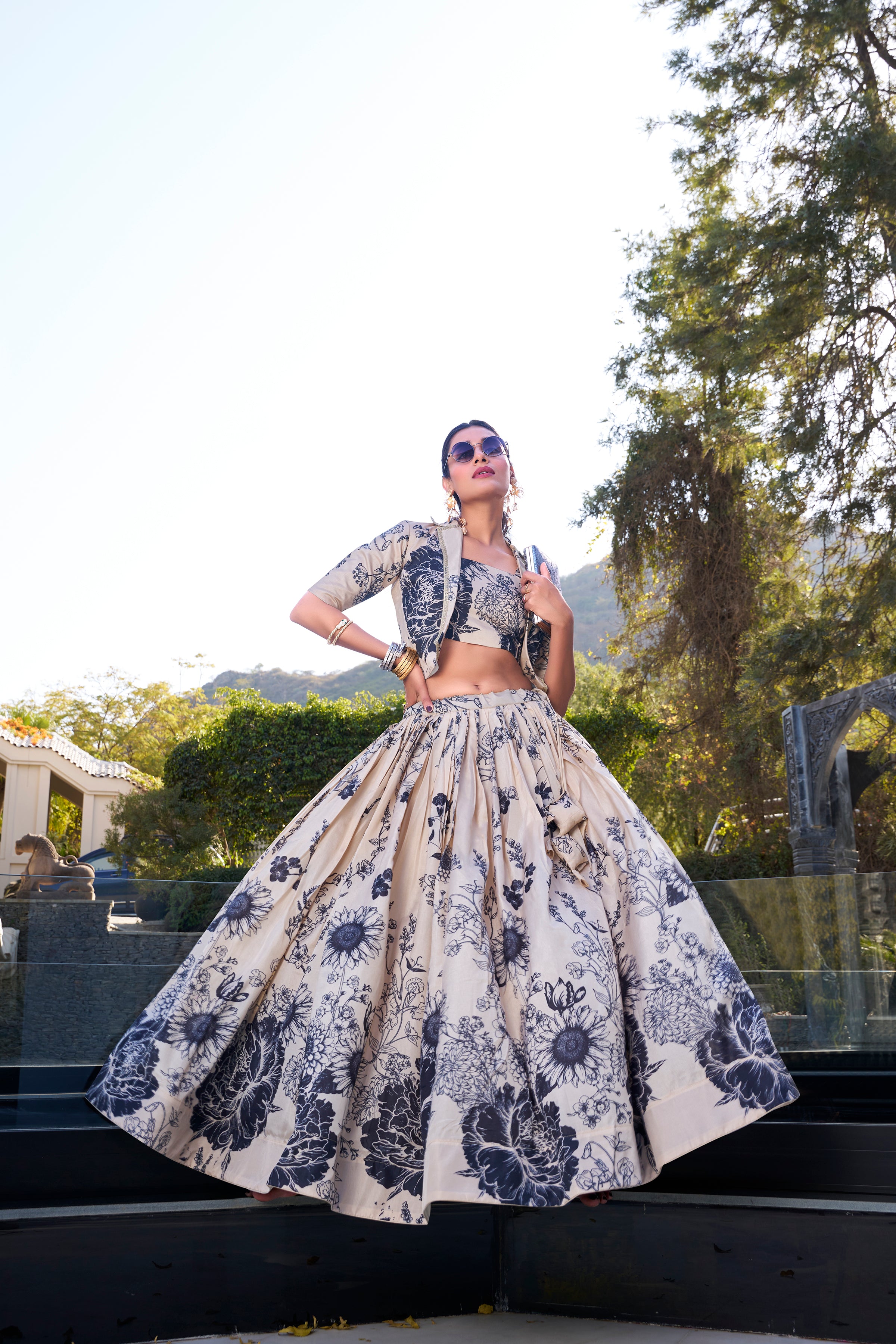 Cream Floral Print Tussar Silk Co-ord Set Lehenga Choli