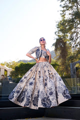 Cream Floral Print Tussar Silk Co-ord Set Lehenga Choli