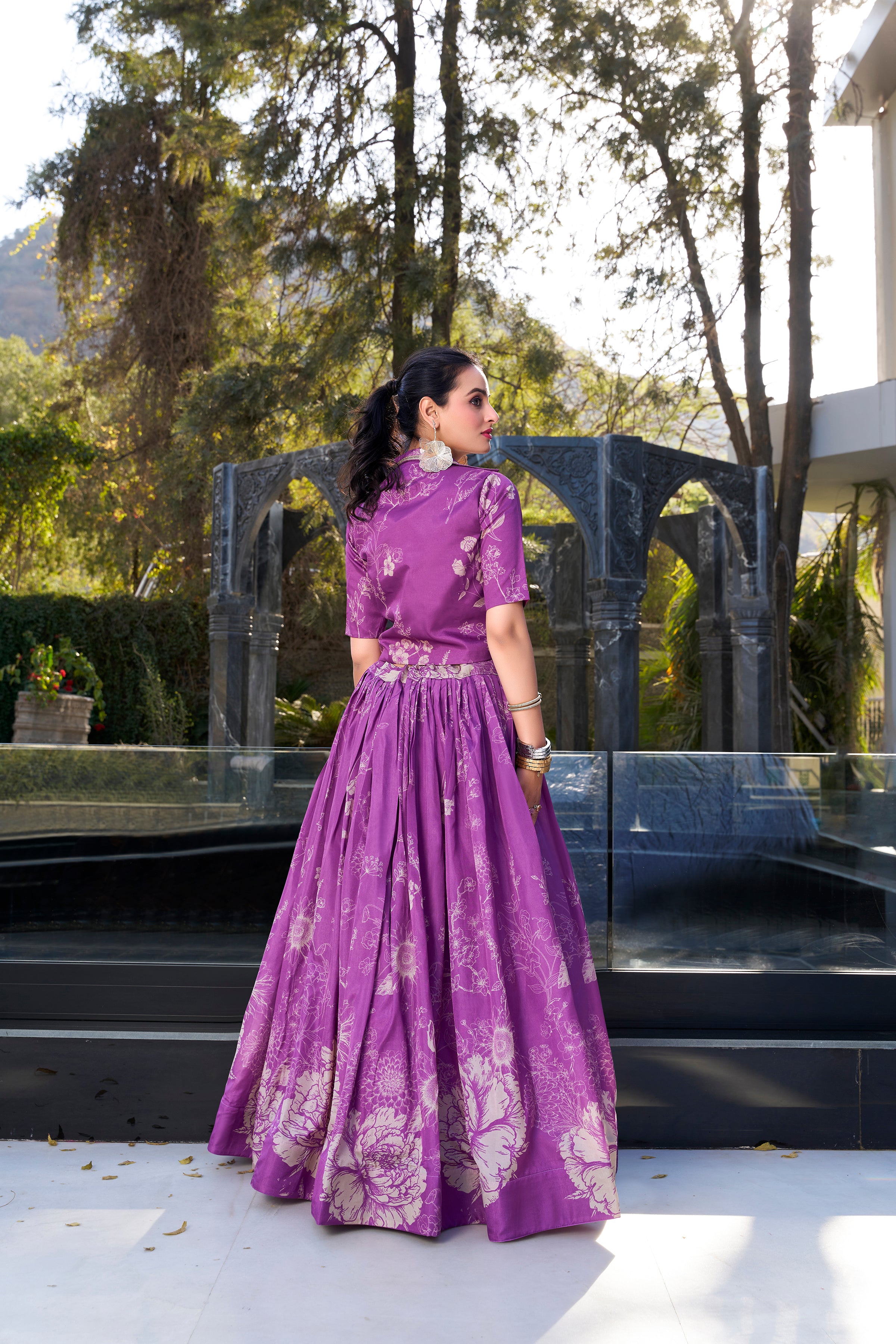 BEAUTIFUL PURPLE PRINTED SILK PARTY WEAR CROP TOP LEHENGA WITH JACKET