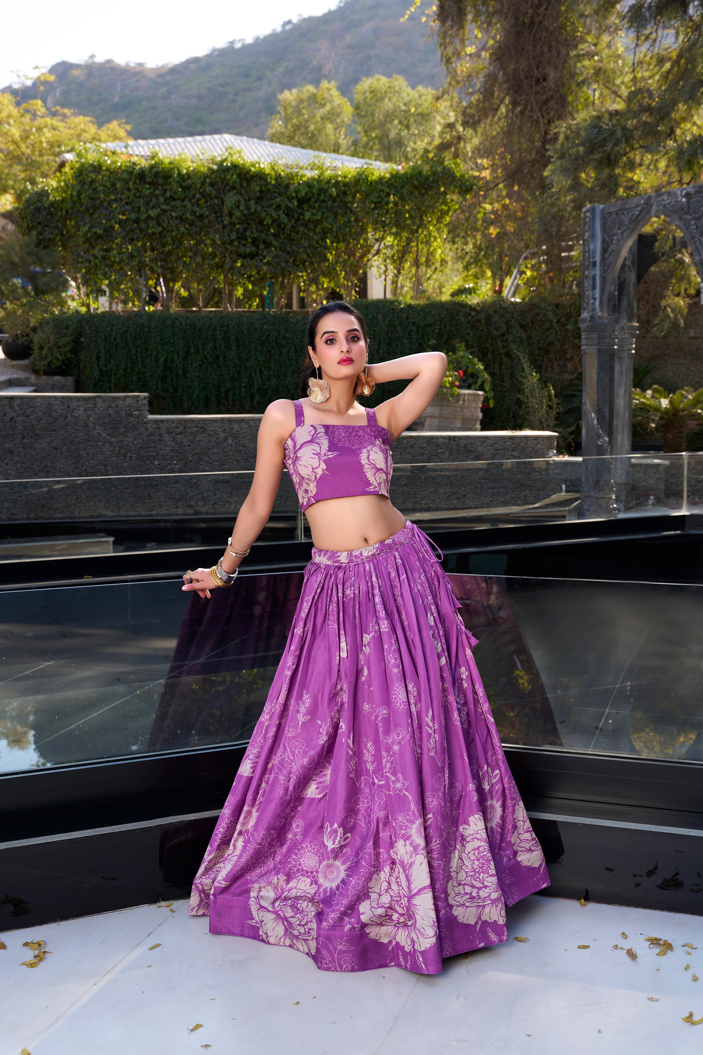 BEAUTIFUL PURPLE PRINTED SILK PARTY WEAR CROP TOP LEHENGA WITH JACKET