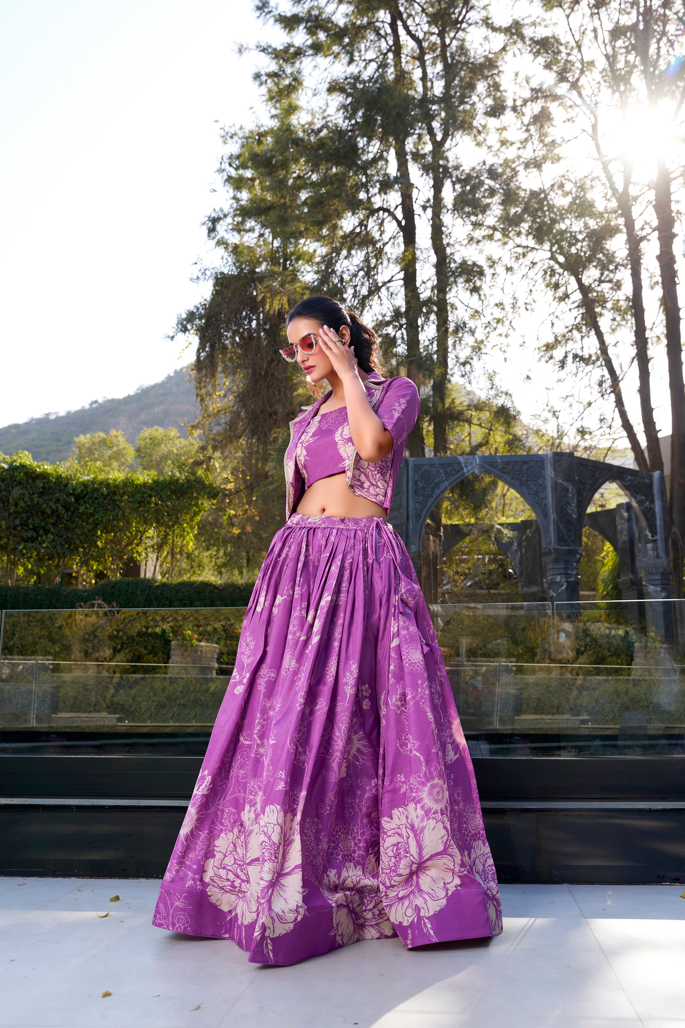 BEAUTIFUL PURPLE PRINTED SILK PARTY WEAR CROP TOP LEHENGA WITH JACKET