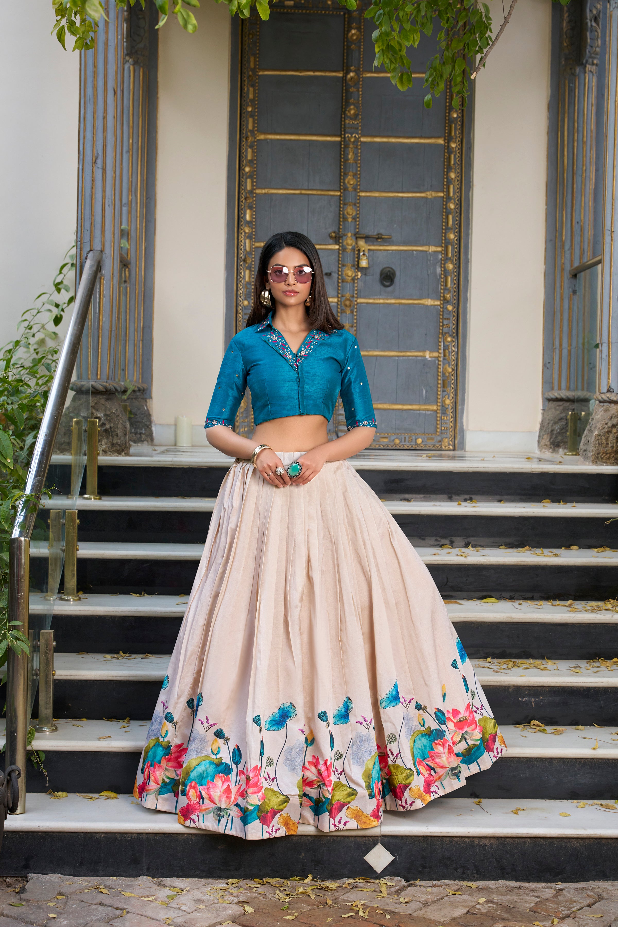Off White Color Floral Printed Tussar Silk Co-ord Set Lehenga Choli