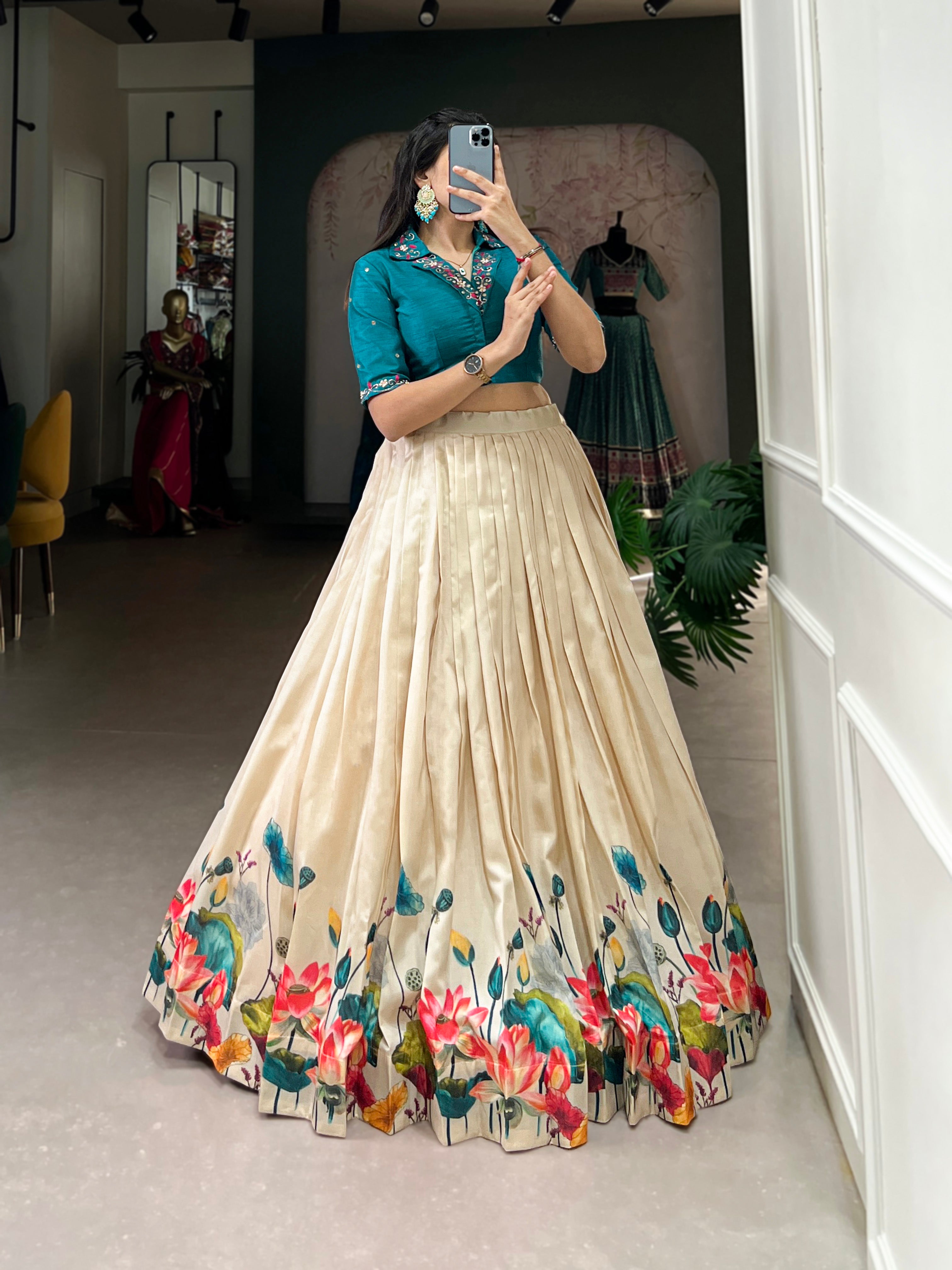 Off-white Color Floral Printed Tussar Silk Co-ord Set Lehenga Choli