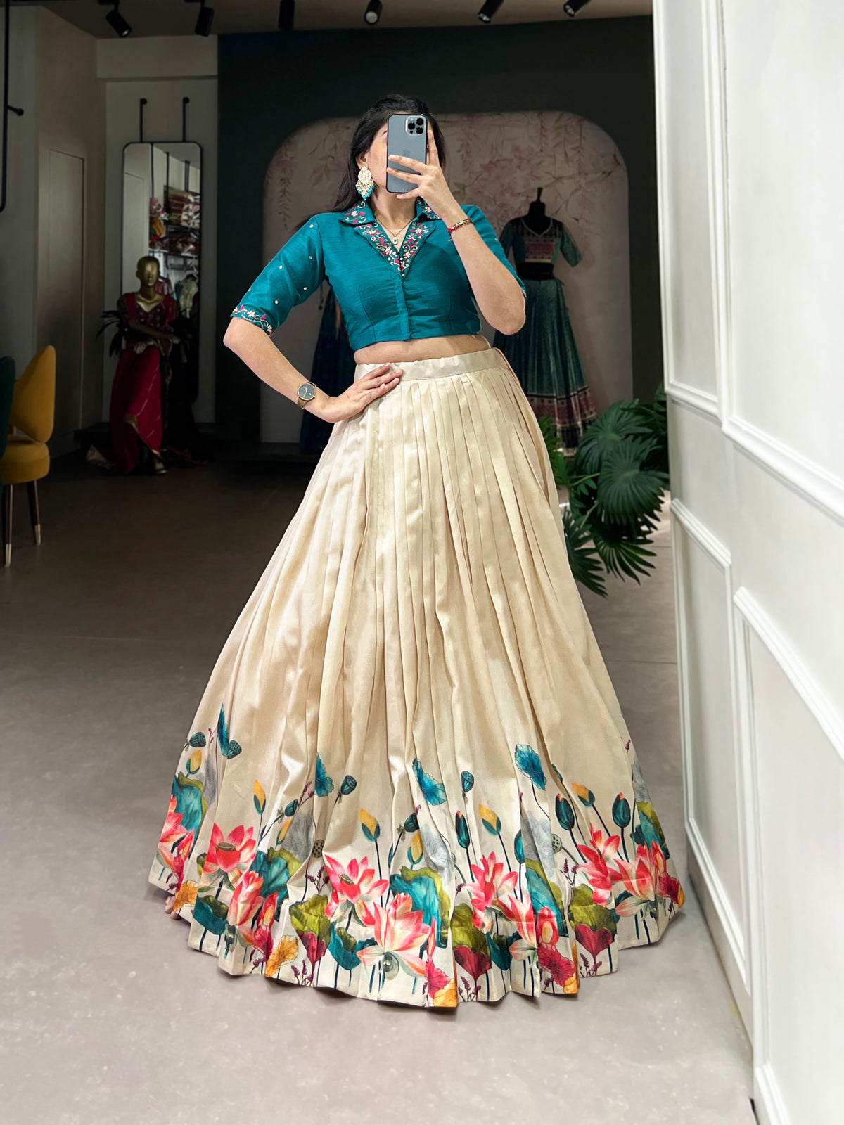 Off-white Color Floral Printed Tussar Silk Co-ord Set Lehenga Choli