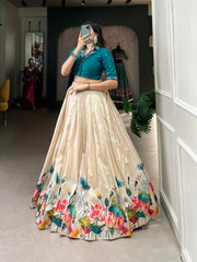 Off-white Color Floral Printed Tussar Silk Co-ord Set Lehenga Choli