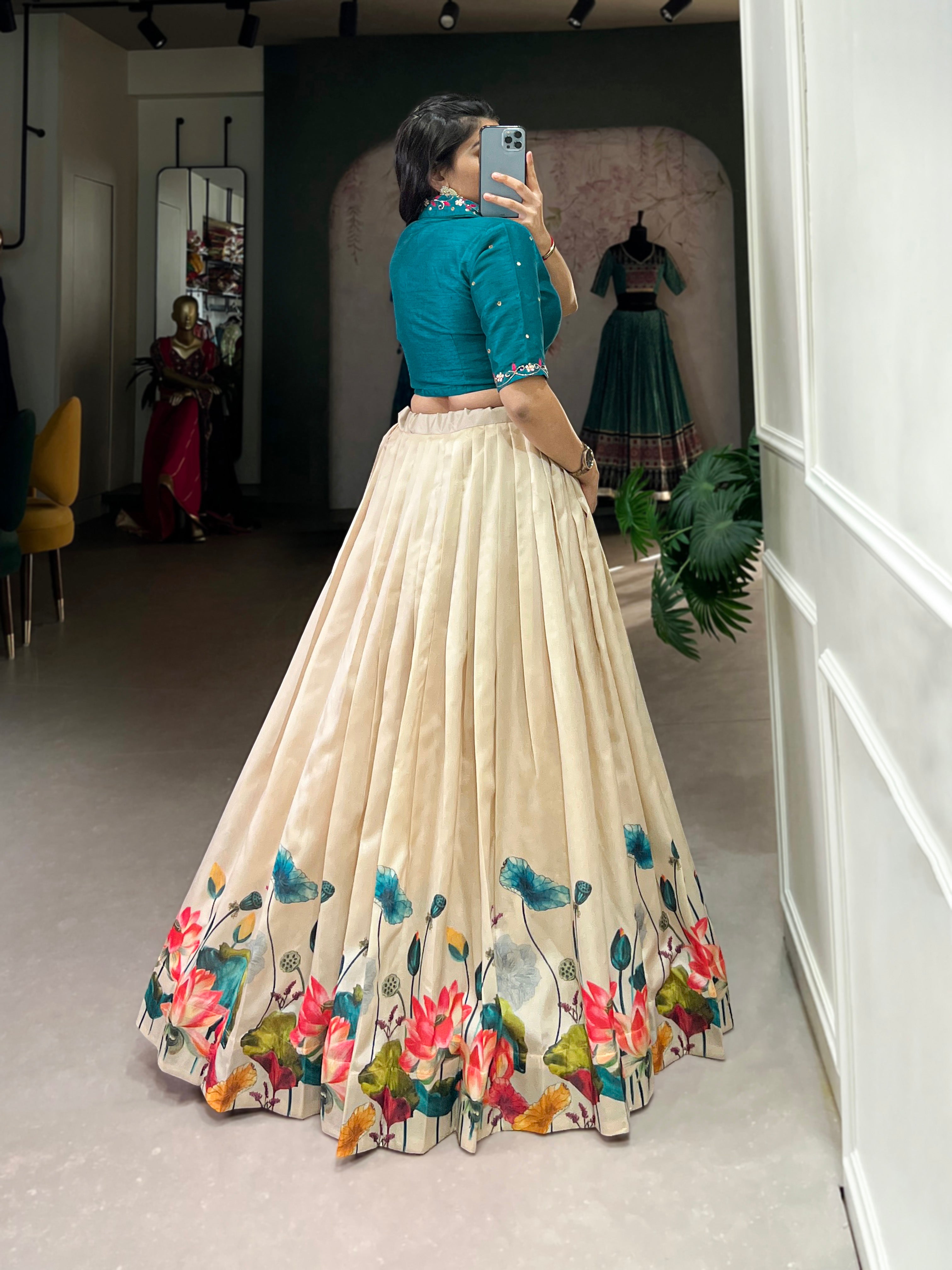 Off-white Color Floral Printed Tussar Silk Co-ord Set Lehenga Choli