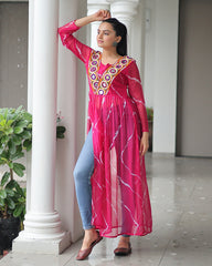 Designer Pink Color Faux Georgette Kutchi Work Navratri Kurti