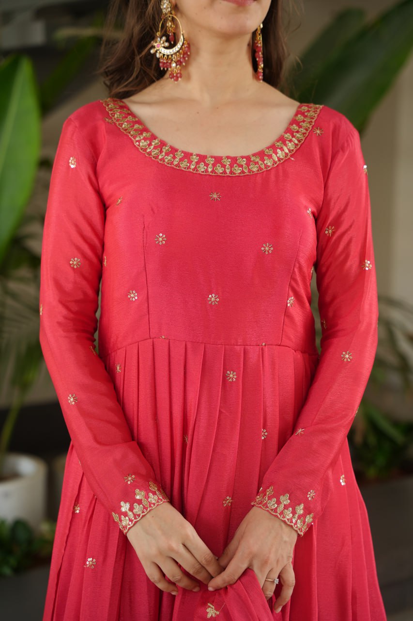 Neon Peach Color Chinon Silk Sequins Embroidered Gown