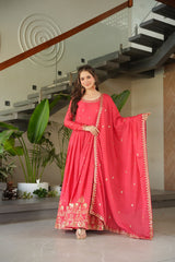 Neon Peach Color Chinon Silk Sequins Embroidered Gown