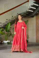 Neon Peach Color Chinon Silk Sequins Embroidered Gown