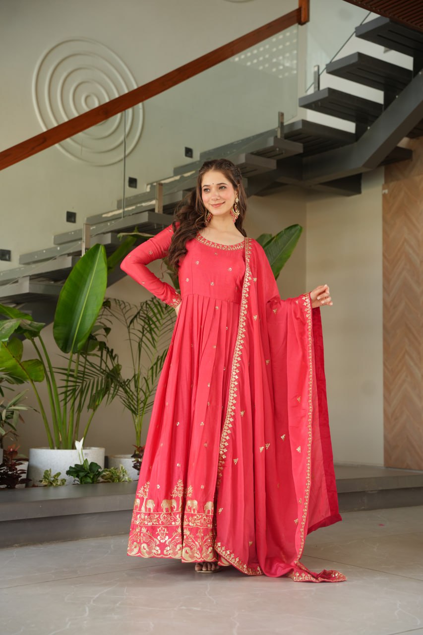 Neon Peach Color Chinon Silk Sequins Embroidered Gown