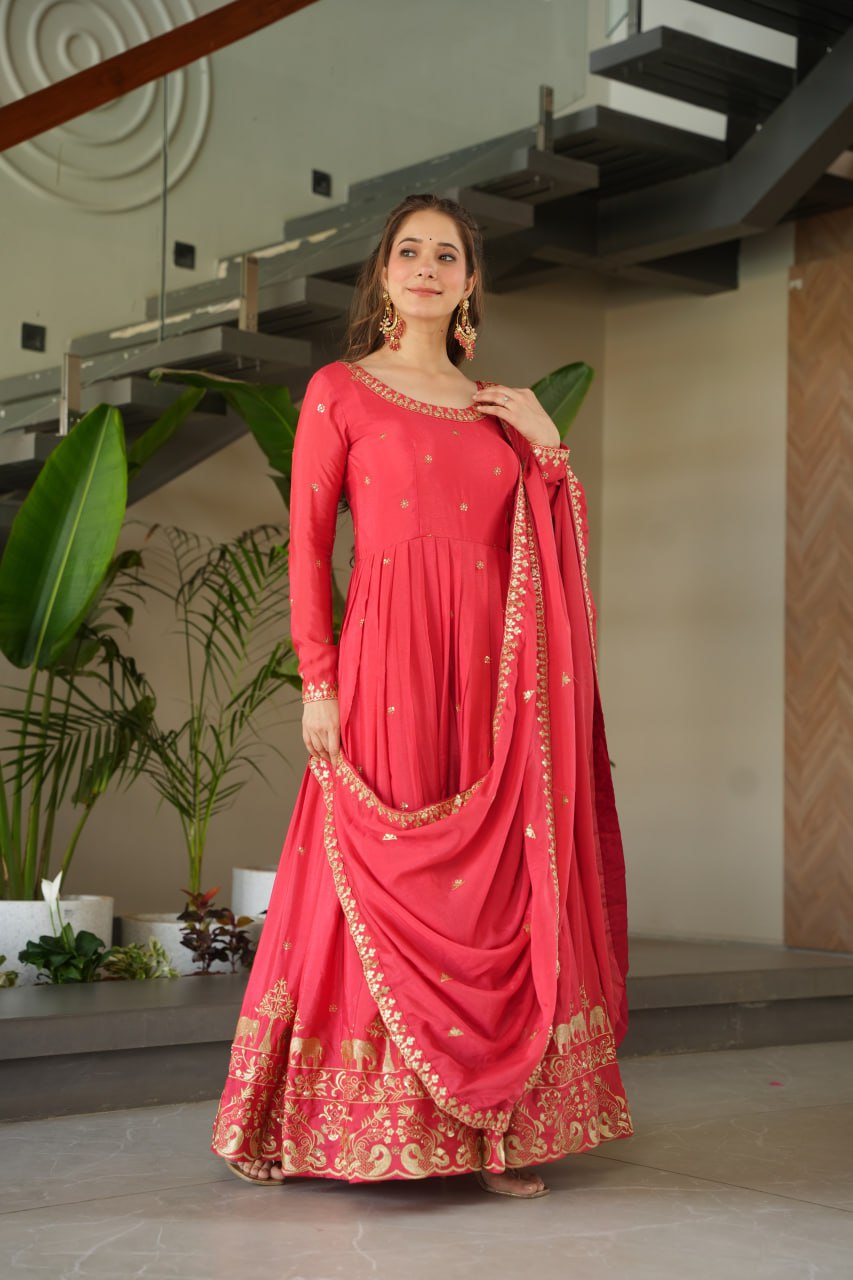 Neon Peach Color Chinon Silk Sequins Embroidered Gown