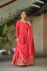 Neon Peach Color Chinon Silk Sequins Embroidered Gown