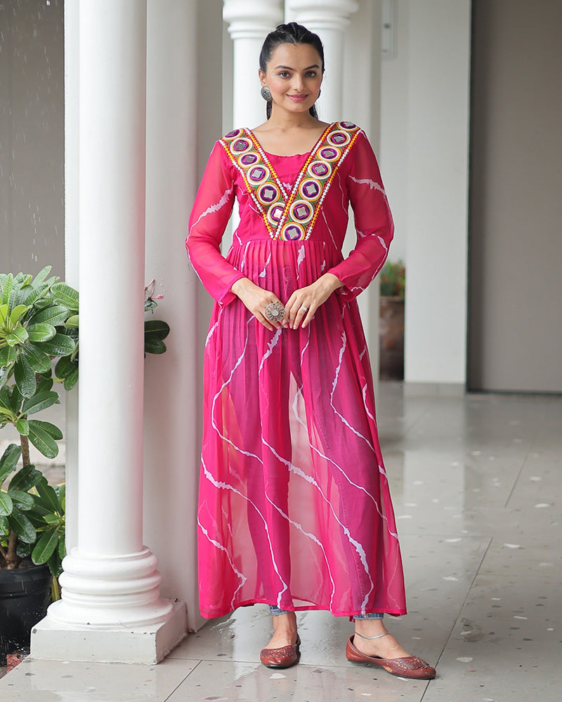 Designer Pink Color Faux Georgette Kutchi Work Navratri Kurti