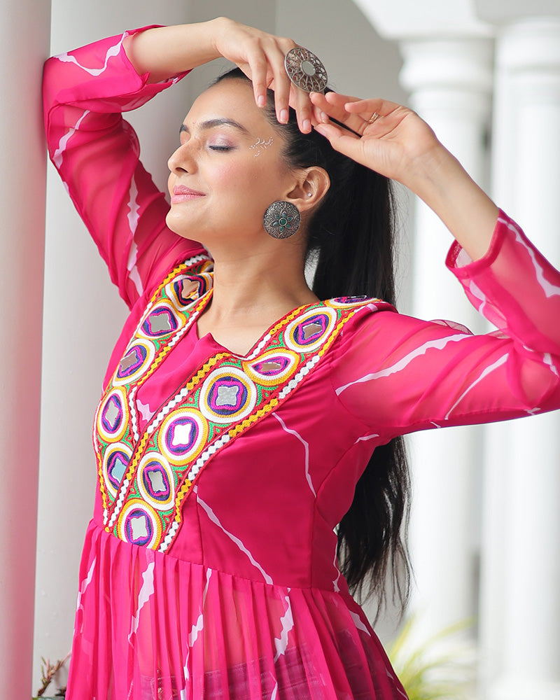 Designer Pink Color Faux Georgette Kutchi Work Navratri Kurti