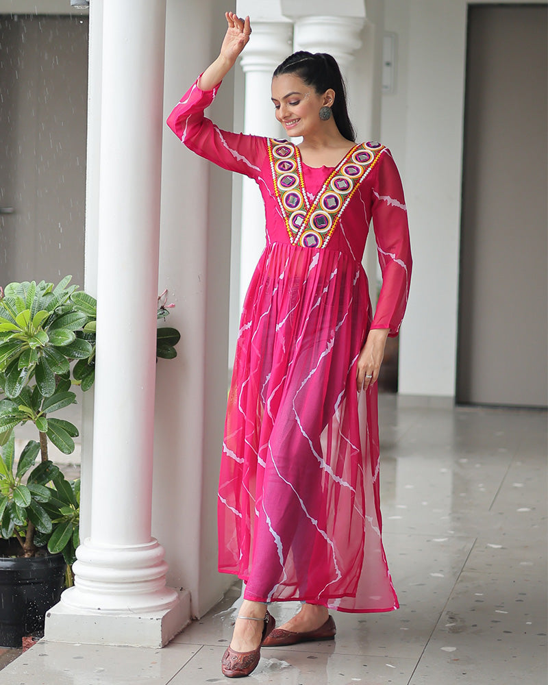 Designer Pink Color Faux Georgette Kutchi Work Navratri Kurti