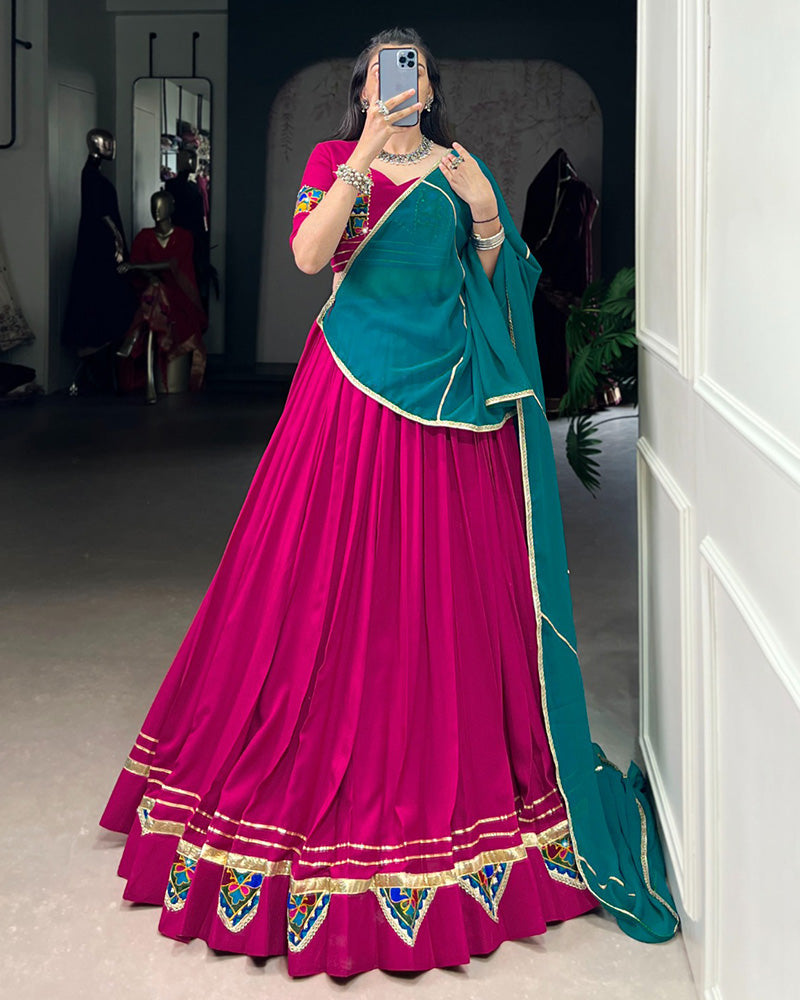 ELEGANT PINK COLOR RAYON LEHENGA CHOLI WITH COLORFUL GAMTHI PATCH