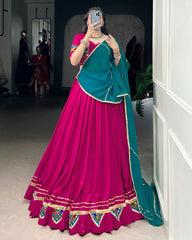 ELEGANT PINK COLOR RAYON LEHENGA CHOLI WITH COLORFUL GAMTHI PATCH