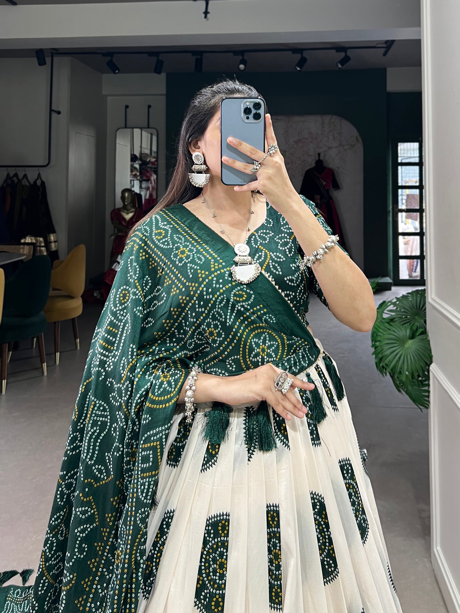 ATTRACTIVE GREEN BANDHANI PRINTED TUSSAR SILK FESTIVAL WEAR LEHENGA CHOLI
