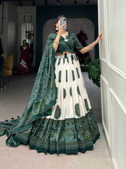 ATTRACTIVE GREEN BANDHANI PRINTED TUSSAR SILK FESTIVAL WEAR LEHENGA CHOLI