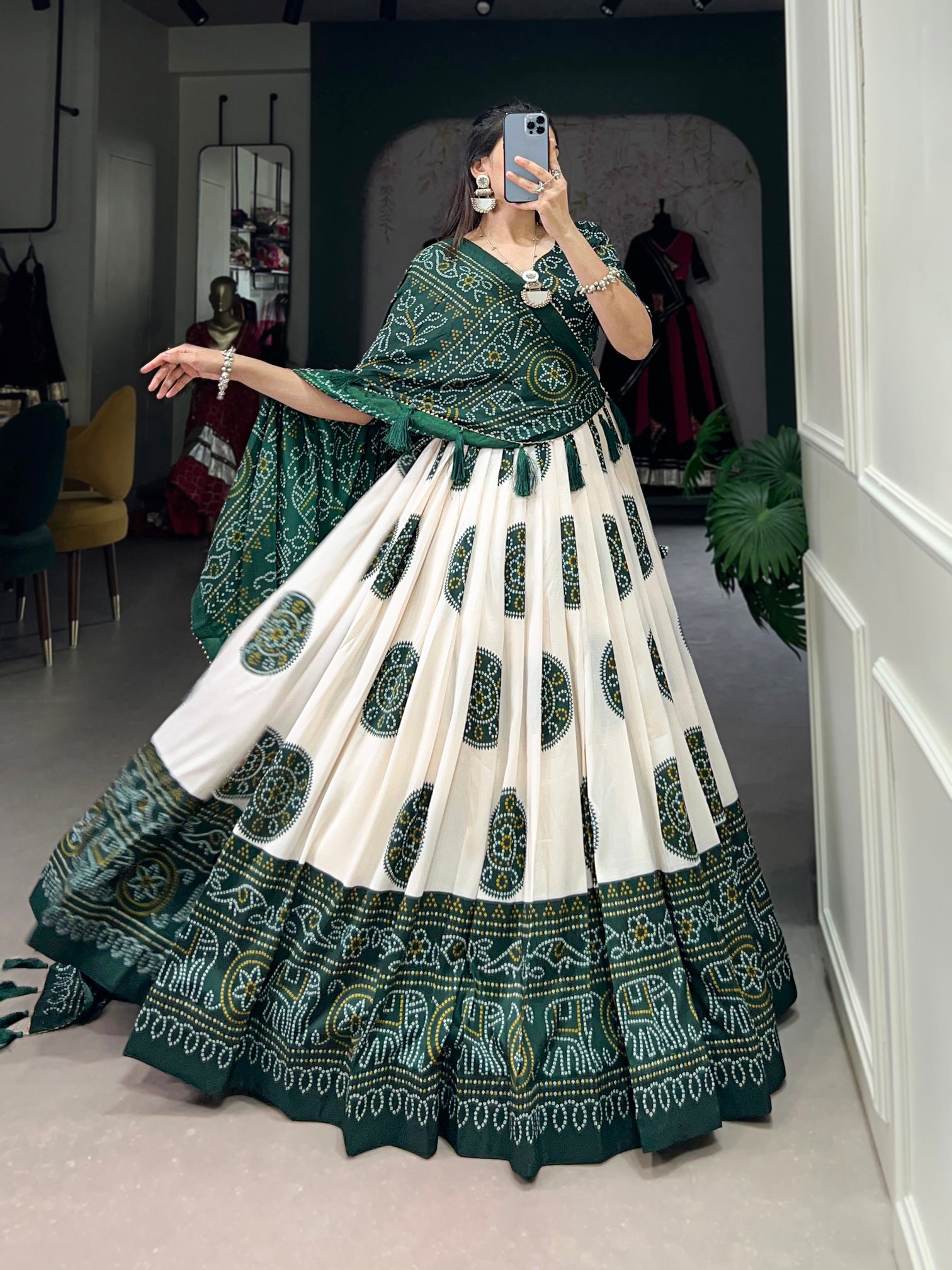 ATTRACTIVE GREEN BANDHANI PRINTED TUSSAR SILK FESTIVAL WEAR LEHENGA CHOLI