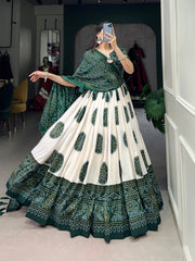 ATTRACTIVE GREEN BANDHANI PRINTED TUSSAR SILK FESTIVAL WEAR LEHENGA CHOLI