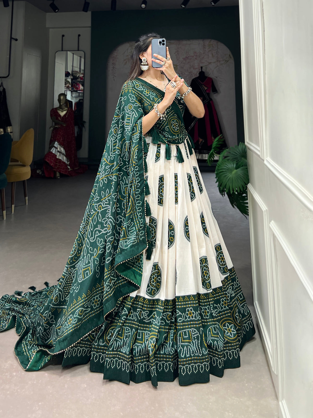 ATTRACTIVE GREEN BANDHANI PRINTED TUSSAR SILK FESTIVAL WEAR LEHENGA CHOLI