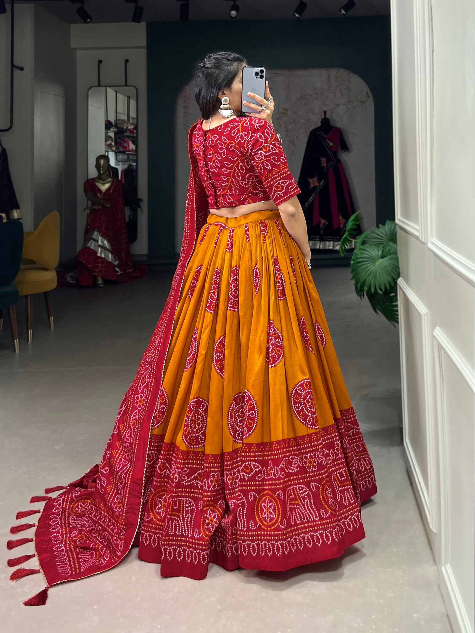 Alluring Mustard Bandhani Printed Tussar Silk Event Wear Lehenga Choli