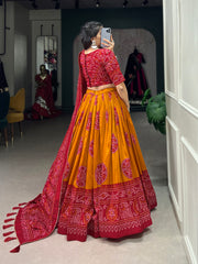 Alluring Mustard Bandhani Printed Tussar Silk Event Wear Lehenga Choli