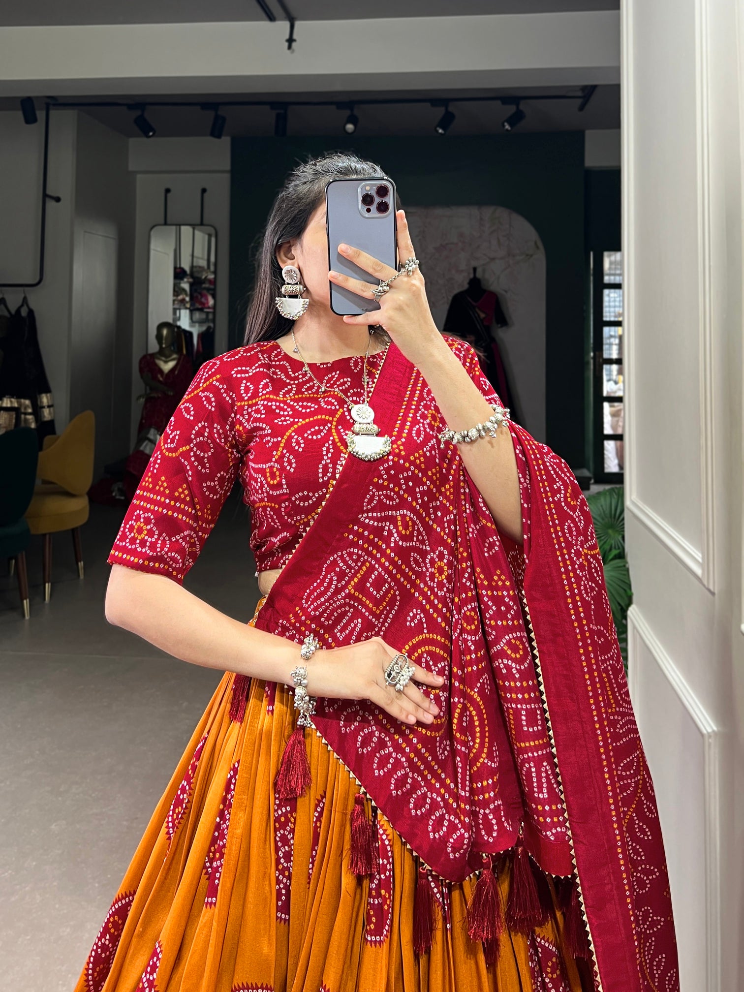 Alluring Mustard Bandhani Printed Tussar Silk Event Wear Lehenga Choli