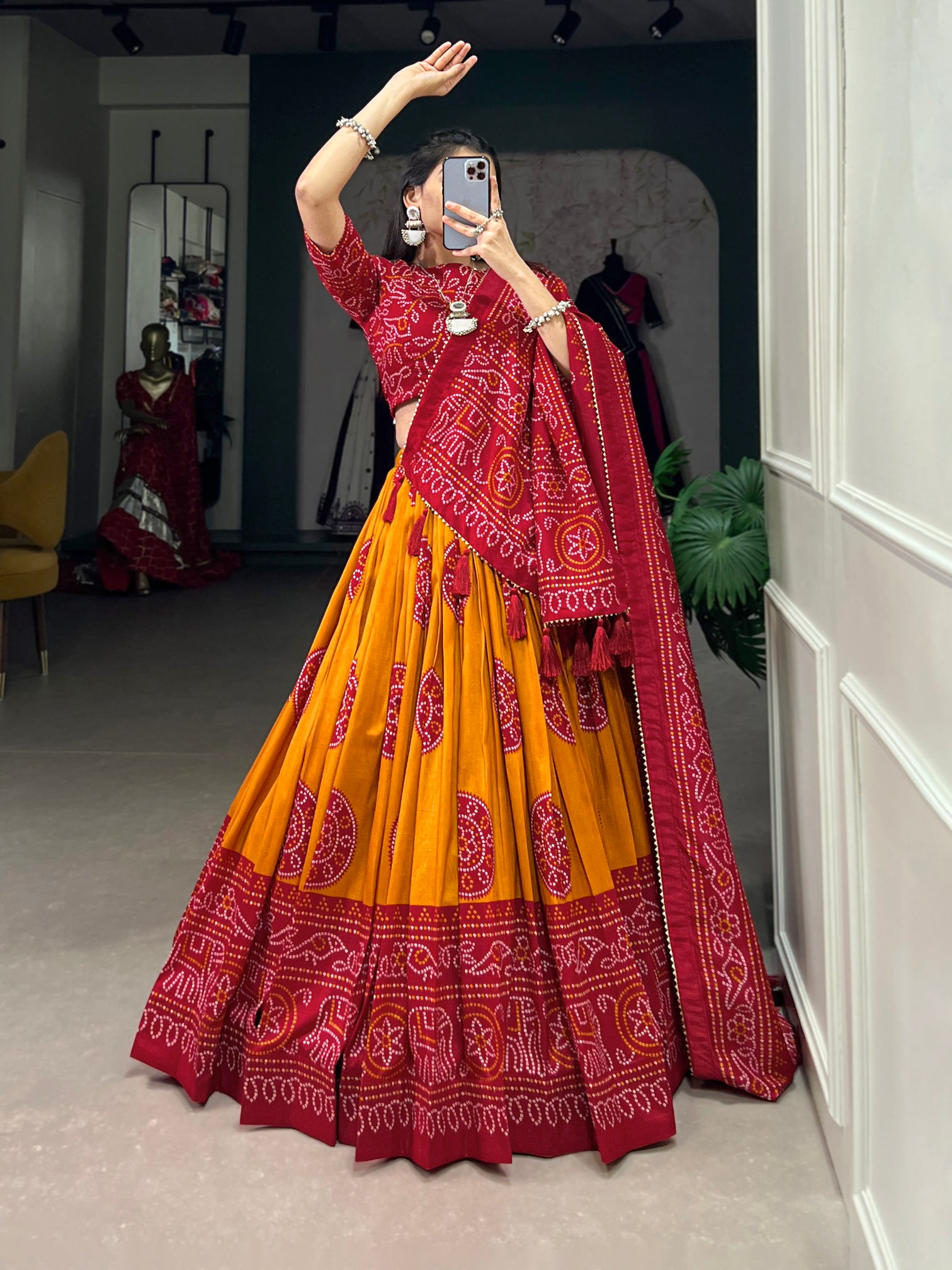 Alluring Mustard Bandhani Printed Tussar Silk Event Wear Lehenga Choli