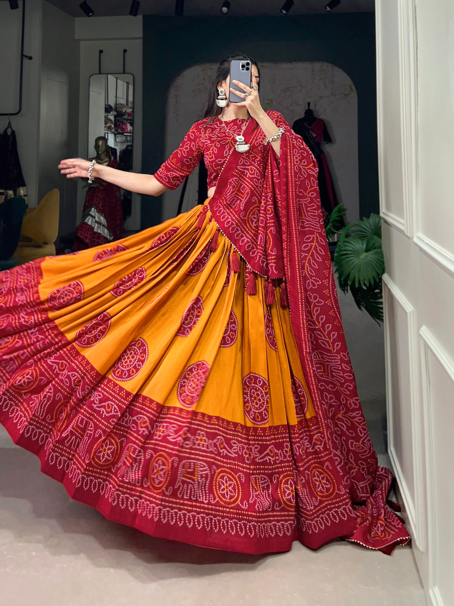 Alluring Mustard Bandhani Printed Tussar Silk Event Wear Lehenga Choli
