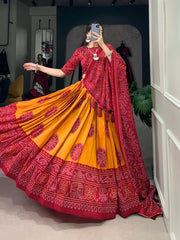 Alluring Mustard Bandhani Printed Tussar Silk Event Wear Lehenga Choli