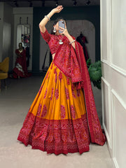 Alluring Mustard Bandhani Printed Tussar Silk Event Wear Lehenga Choli