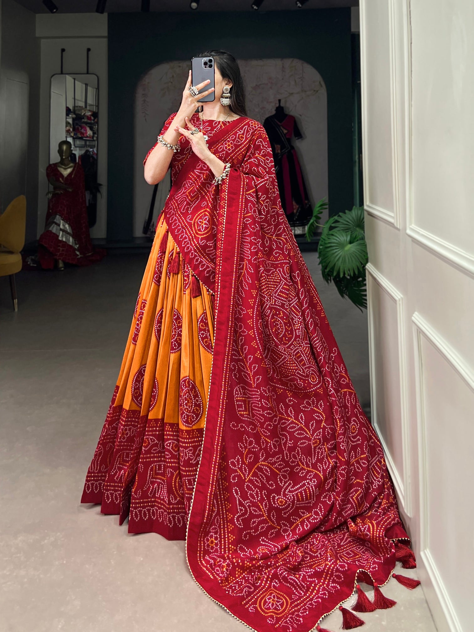 Alluring Mustard Bandhani Printed Tussar Silk Event Wear Lehenga Choli