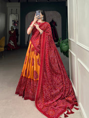 Alluring Mustard Bandhani Printed Tussar Silk Event Wear Lehenga Choli