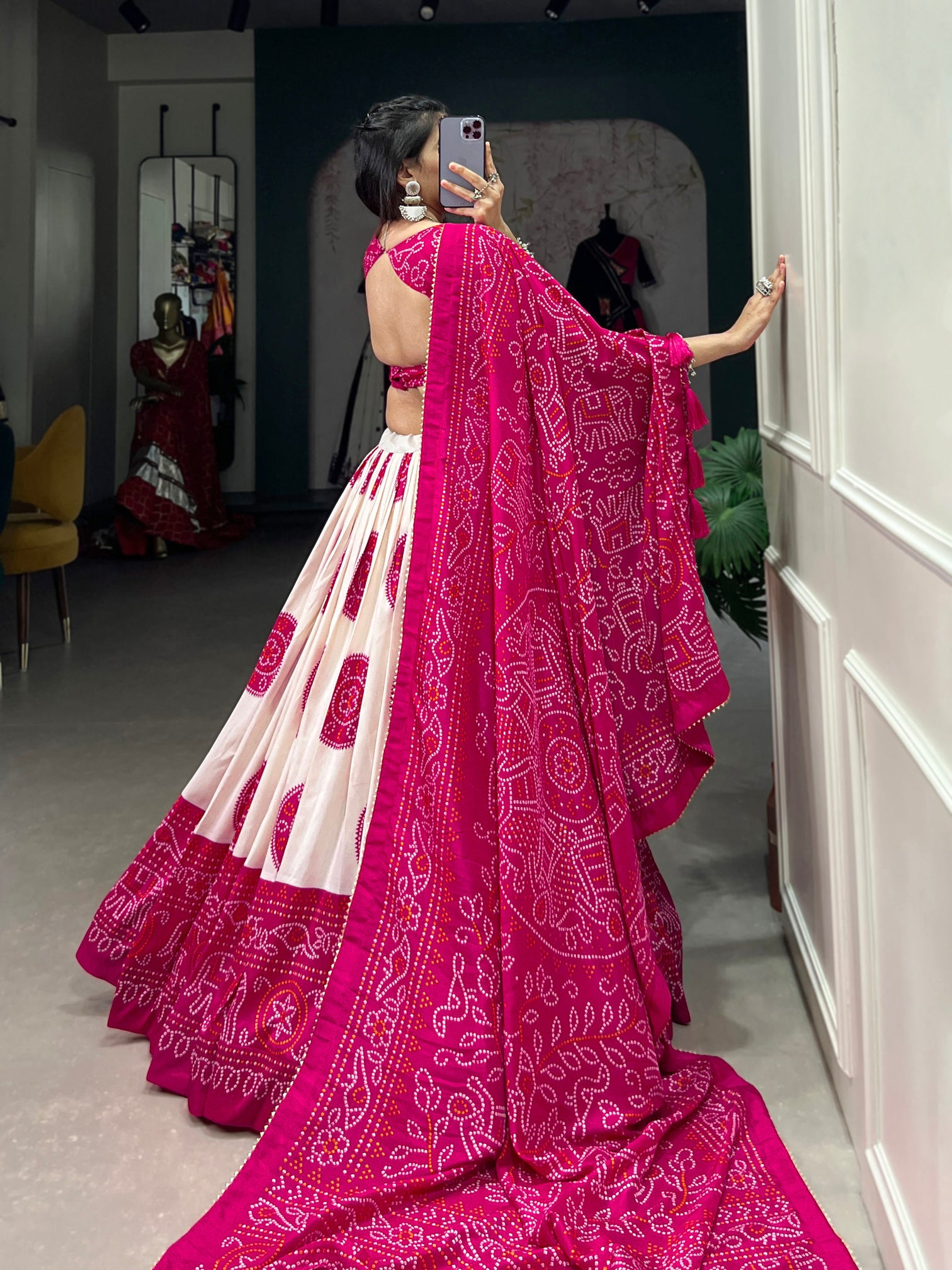 Desirable Rani Pink Bandhani Printed Tussar Silk Function Wear Lehenga Choli