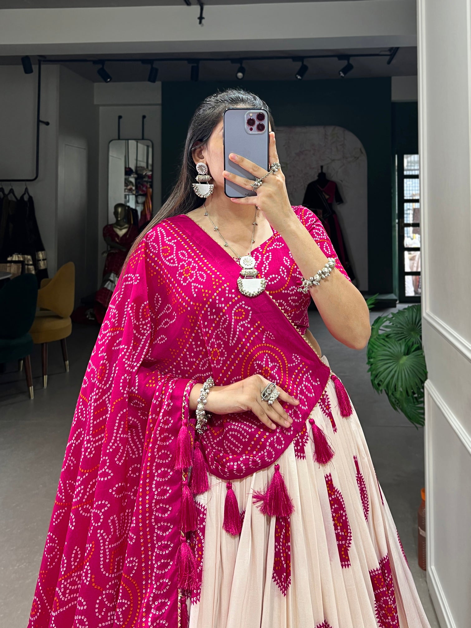 Desirable Rani Pink Bandhani Printed Tussar Silk Function Wear Lehenga Choli