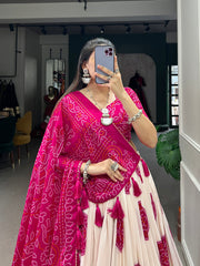 Desirable Rani Pink Bandhani Printed Tussar Silk Function Wear Lehenga Choli