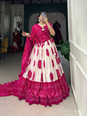 Desirable Rani Pink Bandhani Printed Tussar Silk Function Wear Lehenga Choli