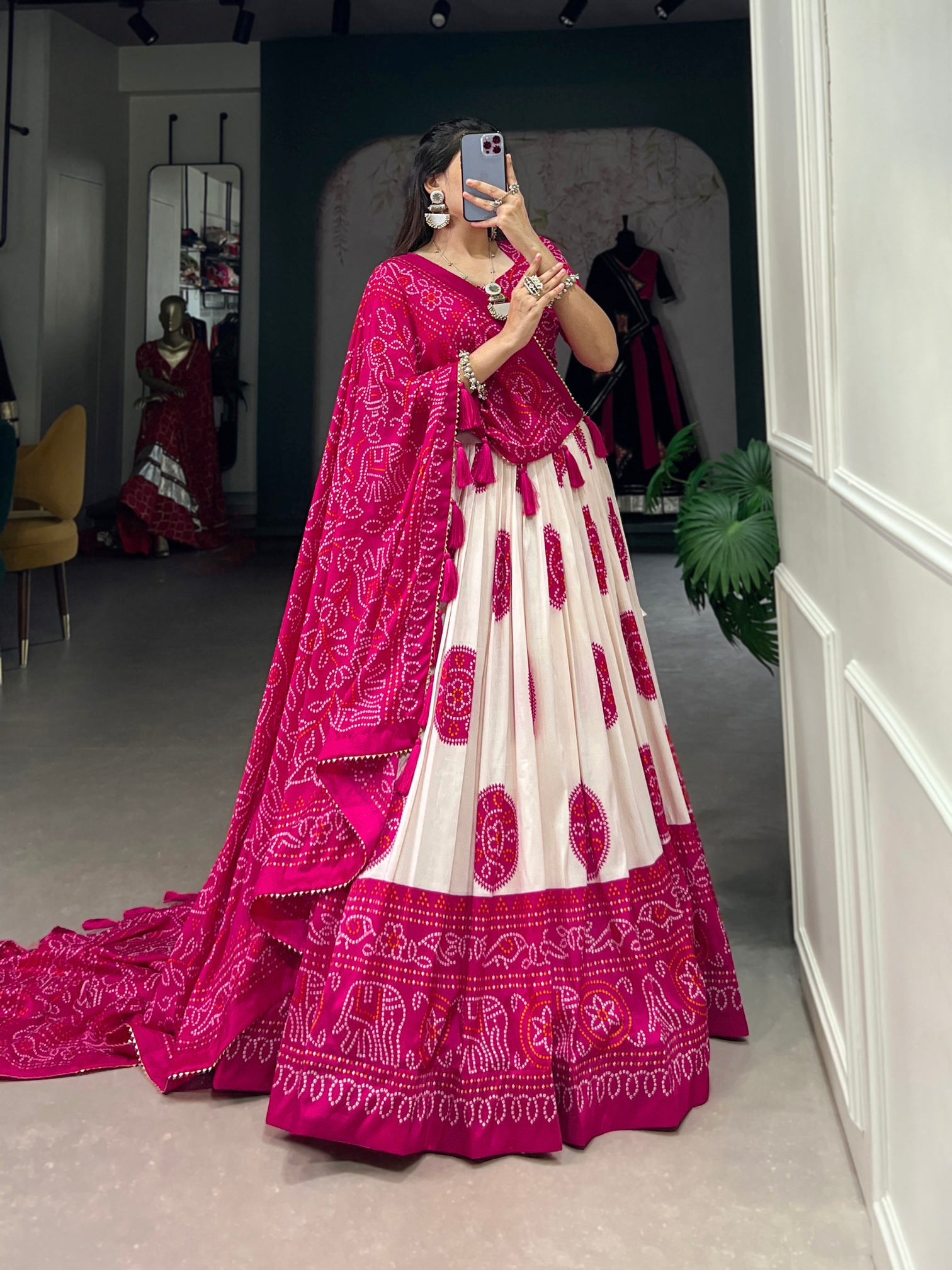 Desirable Rani Pink Bandhani Printed Tussar Silk Function Wear Lehenga Choli