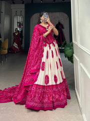Desirable Rani Pink Bandhani Printed Tussar Silk Function Wear Lehenga Choli