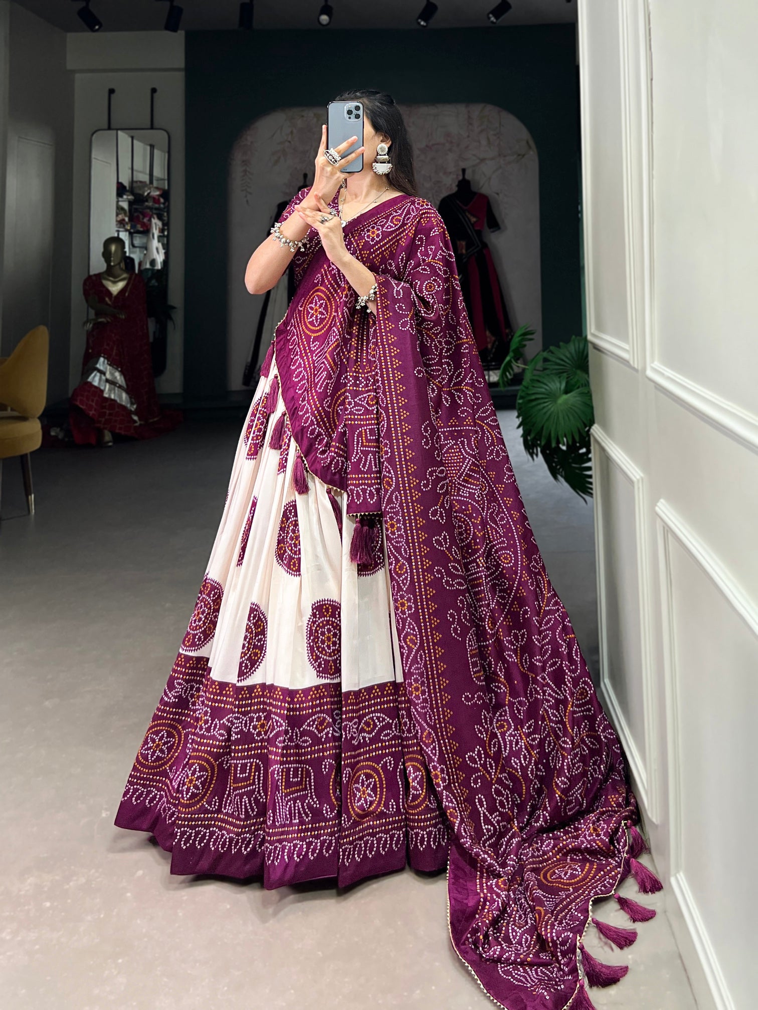 STRIKING WINE COLOR BANDHANI PRINTED TUSSAR SILK EVENT WEAR LEHENGA CHOLI