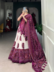 STRIKING WINE COLOR BANDHANI PRINTED TUSSAR SILK EVENT WEAR LEHENGA CHOLI