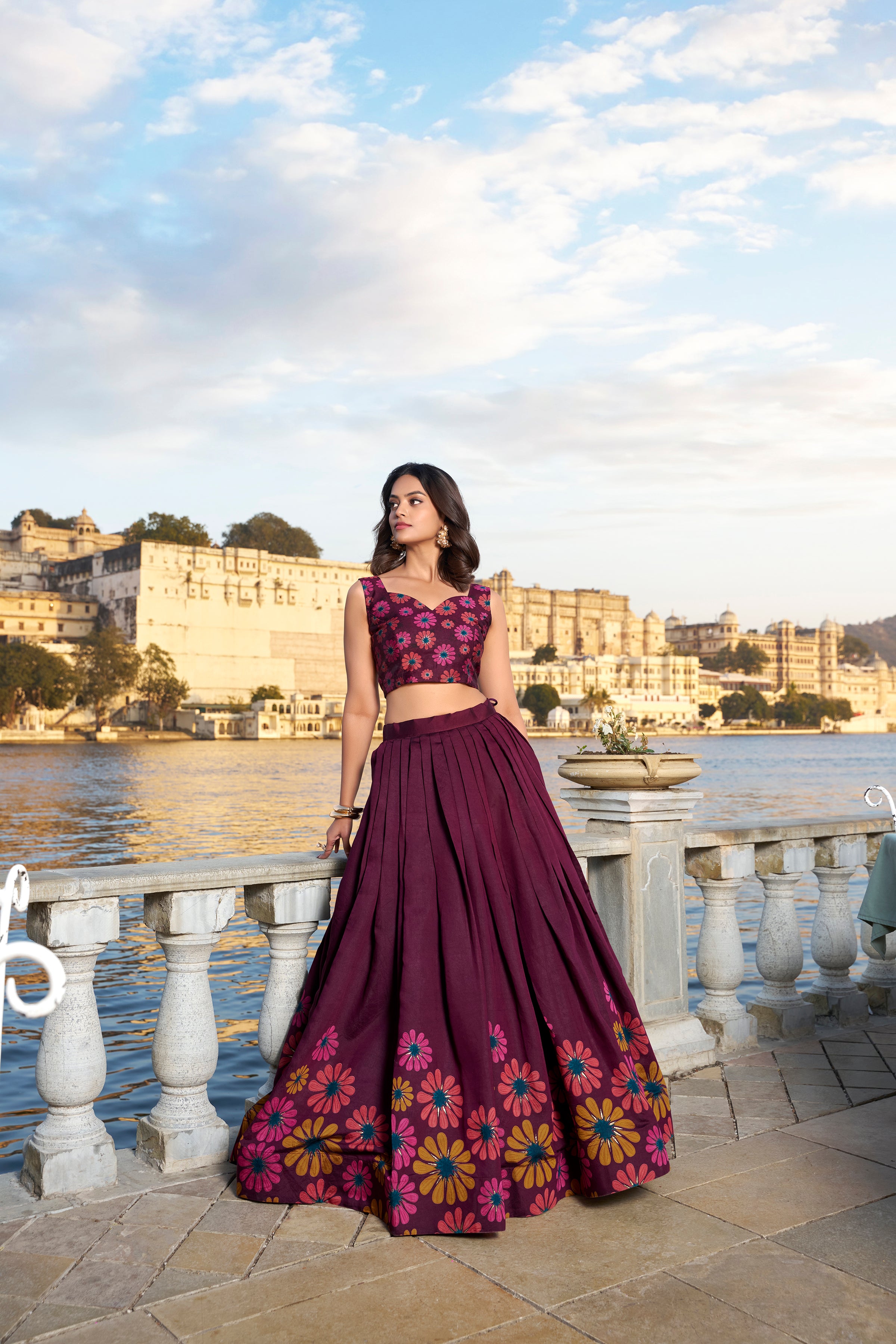 Wine Color Floral Print With Foil Work Tussar Silk Lehenga Choli