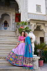 Lavender Color Tussar Silk Kalamkari Printed Lehenga Choli